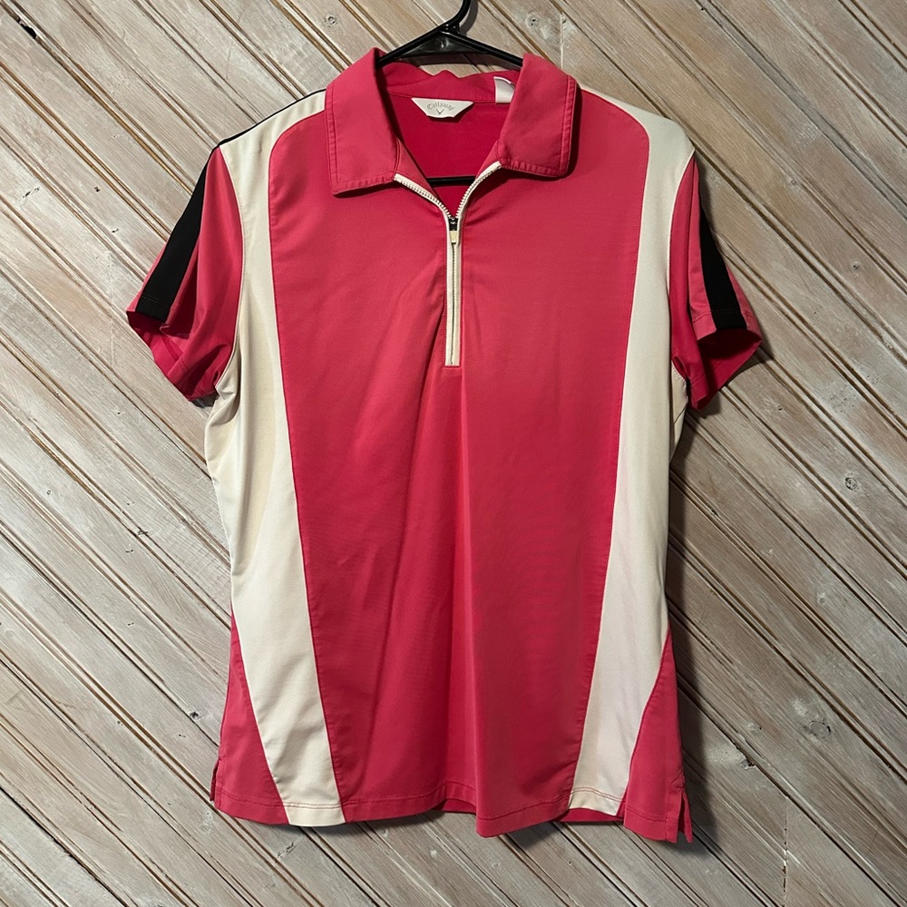 Callaway Golf Athletic Shirt Pink & White 3/4 Zipper Soft Material Collared Top